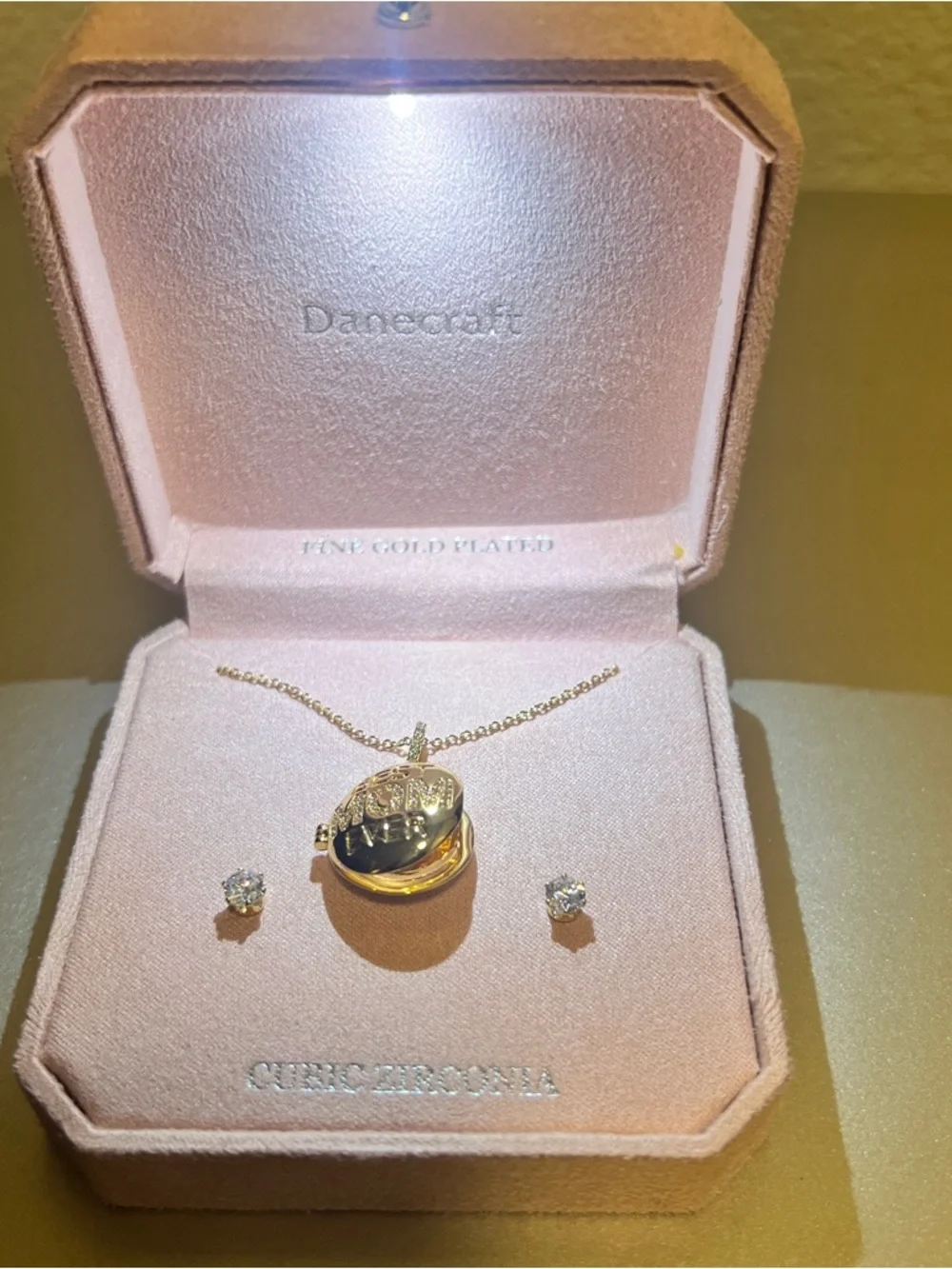 NEW Danecraft Cubic Zirconia Fine Gold Plated Locket Necklace with Stud Earrings